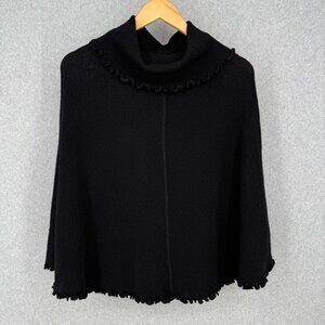 Mon Repos Baby Alpaca Knit Turtleneck Poncho OS Black Ruffle Hem Made in Peru